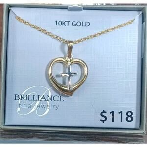 Brilliance 10K Yellow Gold On Goldfilled Necklace Heart W/Rhodium Cross 18"